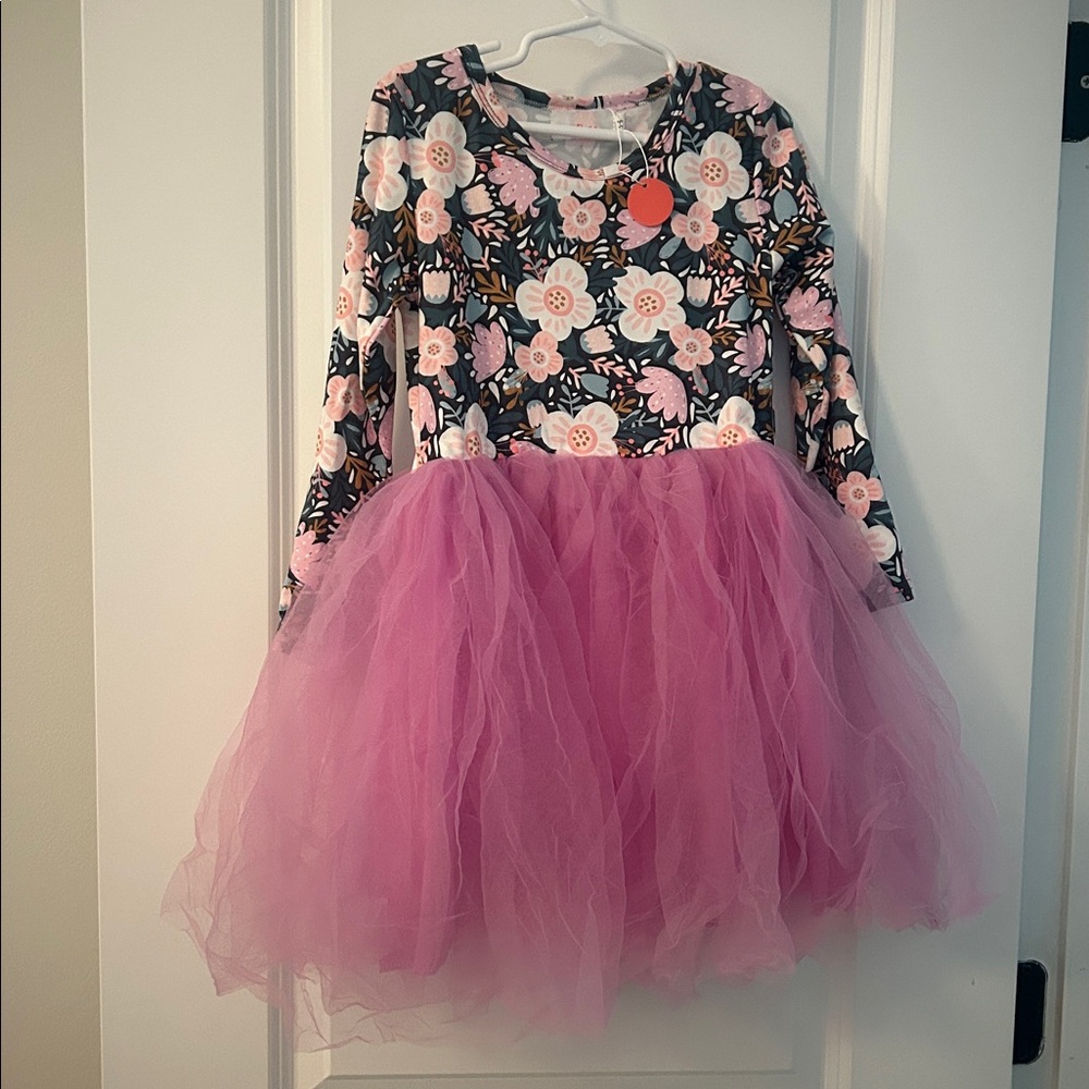 Mila & Rose Floral Long Sleeve Dress with Pink Tulle Skirt